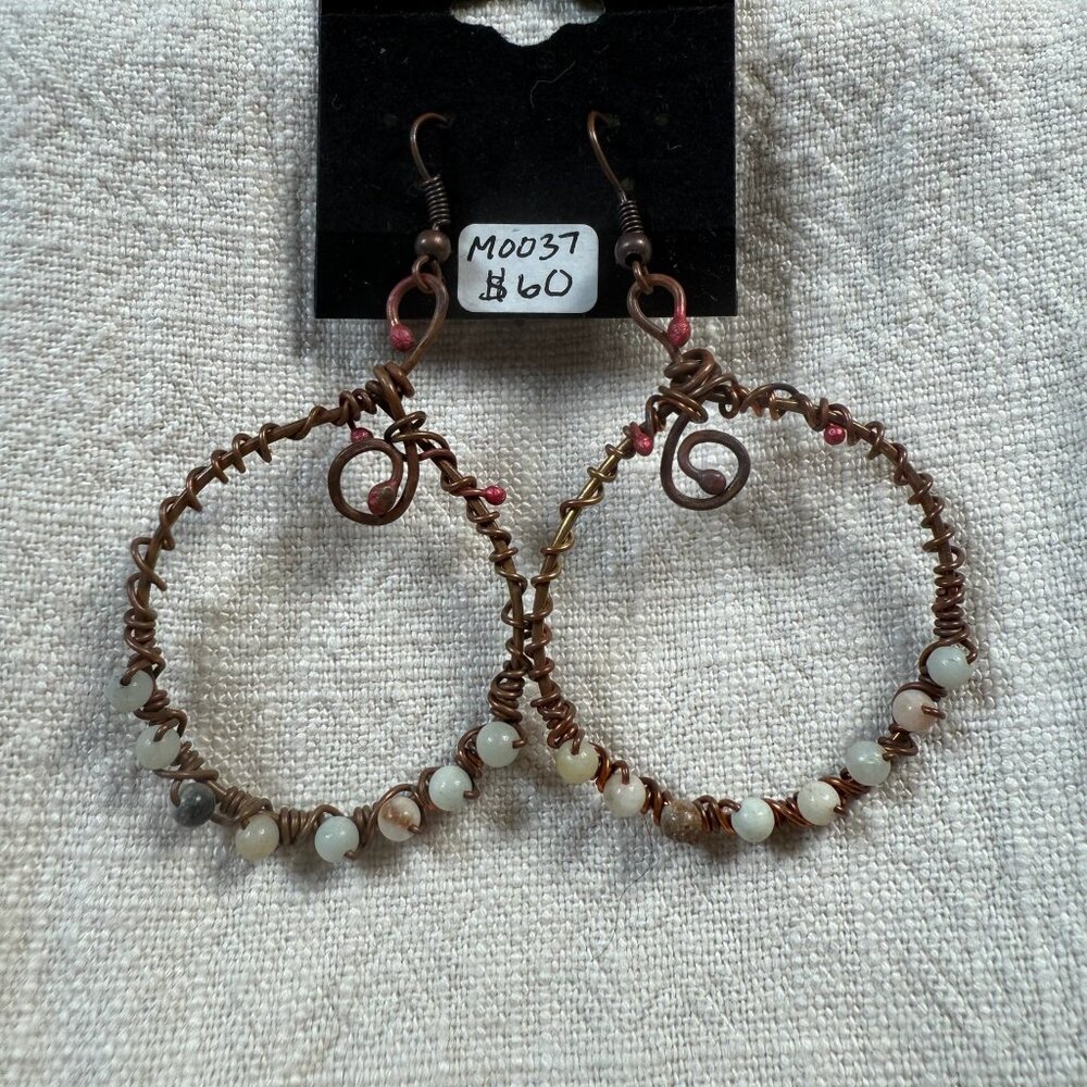 Handmade Wire Wrapped Amazonite Natural Bead Hoop Earrings Artisan Boho Jewelry